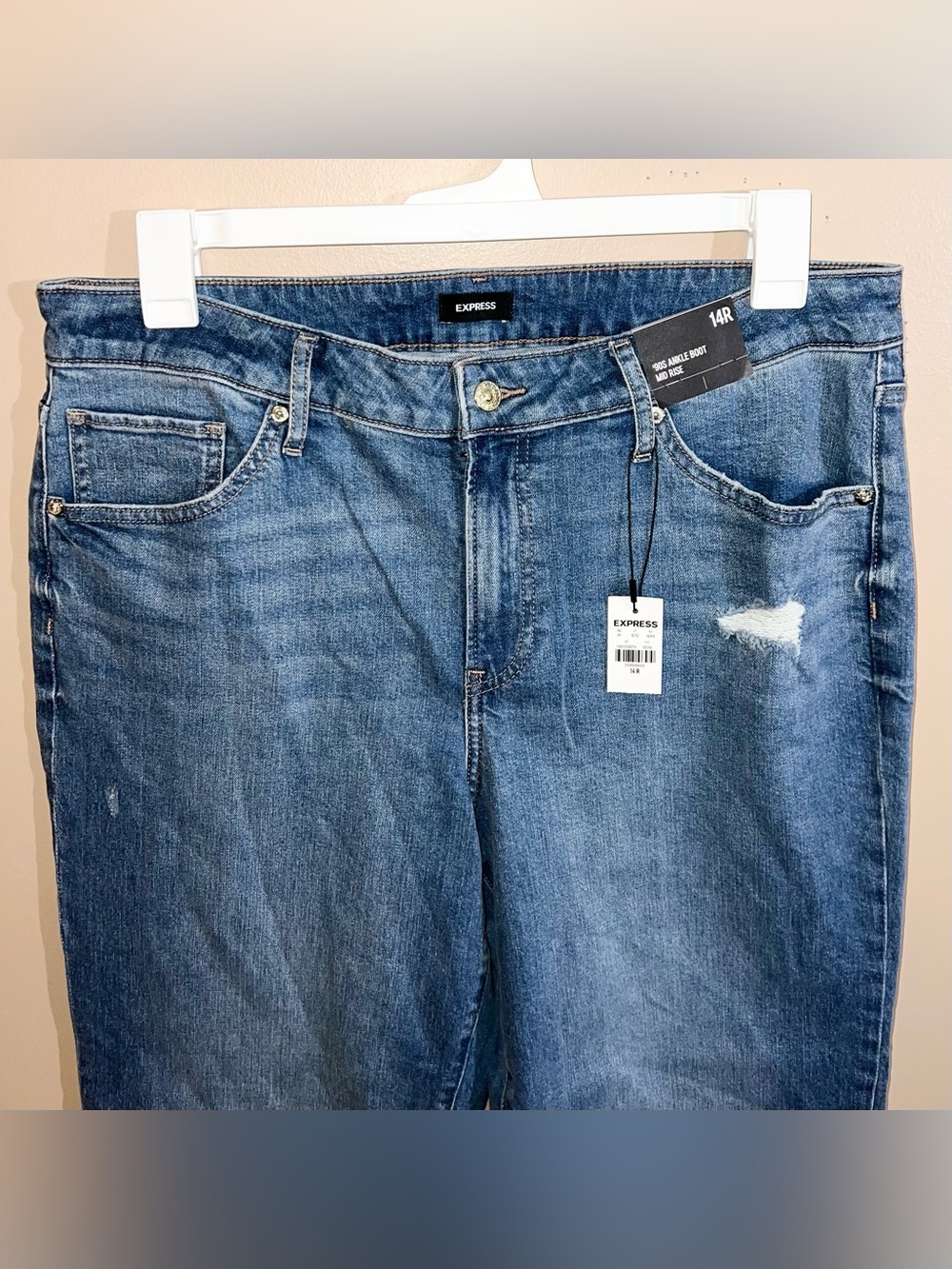 Express 90’s Ankle Boot Mid Rise Distressed Jeans Women’s 14R Blue 36x27 - Picture 3 of 6